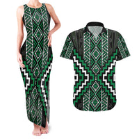 Jade Tukutuku Pattern Aotearoa Couples Matching Tank Maxi Dress and Hawaiian Shirt Niho Taniwha and Puhoro Motifs