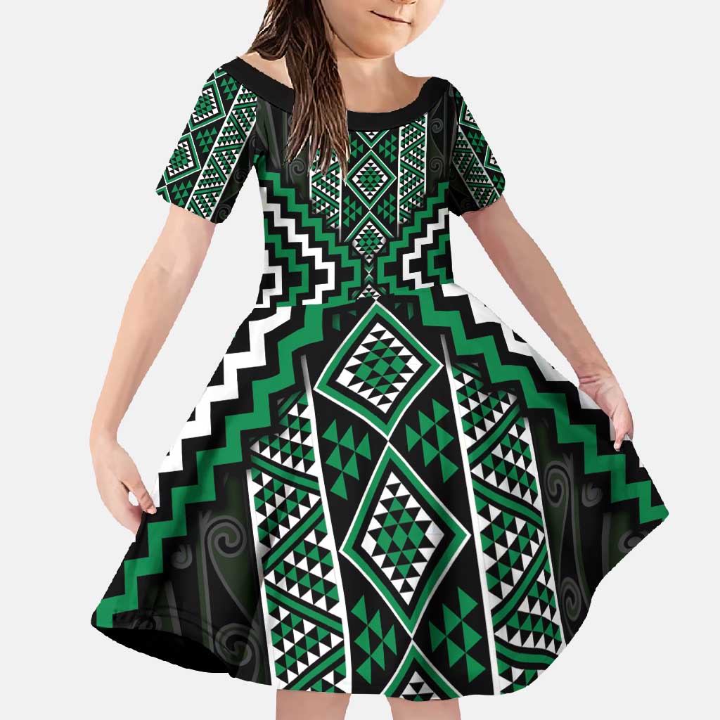 Jade Tukutuku Pattern Aotearoa Family Matching Tank Maxi Dress and Hawaiian Shirt Niho Taniwha and Puhoro Motifs LT7 Daughter's Dress Green - Polynesian Pride