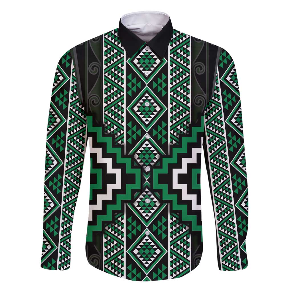 Jade Tukutuku Pattern Aotearoa Family Matching Tank Maxi Dress and Hawaiian Shirt Niho Taniwha and Puhoro Motifs LT7 Dad's Shirt - Long Sleeve Green - Polynesian Pride