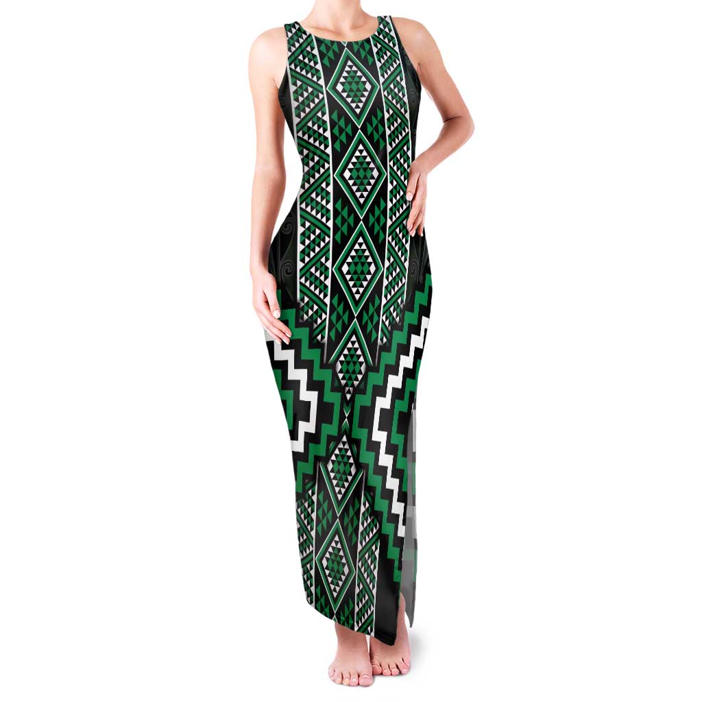 Jade Tukutuku Pattern Aotearoa Family Matching Tank Maxi Dress and Hawaiian Shirt Niho Taniwha and Puhoro Motifs LT7 Mom's Dress Green - Polynesian Pride