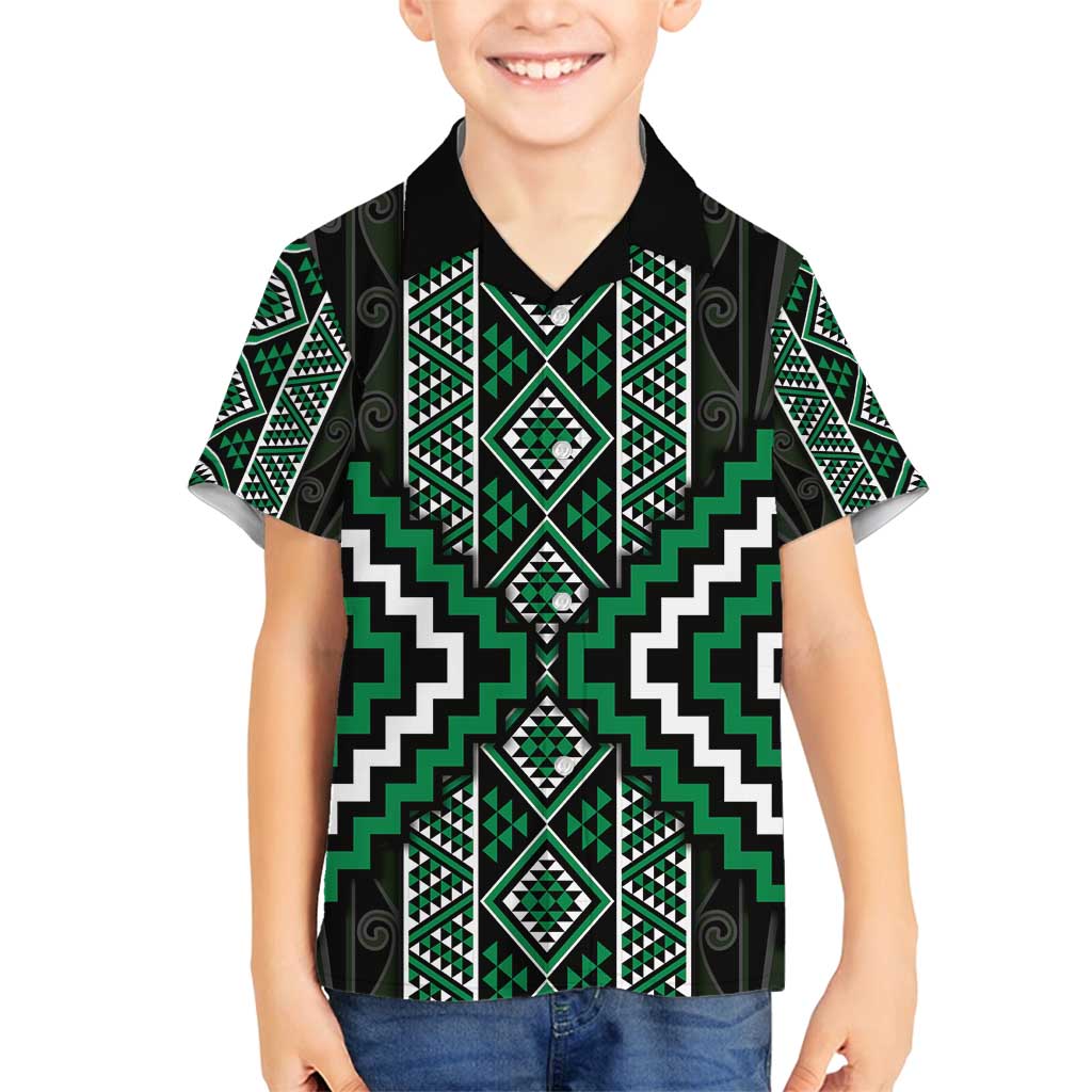 Jade Tukutuku Pattern Aotearoa Family Matching Tank Maxi Dress and Hawaiian Shirt Niho Taniwha and Puhoro Motifs LT7 Son's Shirt Green - Polynesian Pride