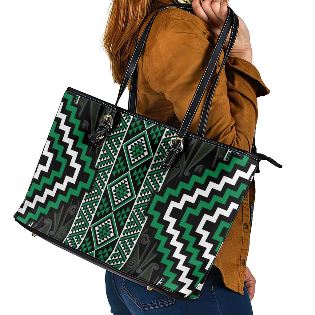 Jade Tukutuku Pattern Aotearoa Leather Tote Bag Niho Taniwha and Puhoro Motifs