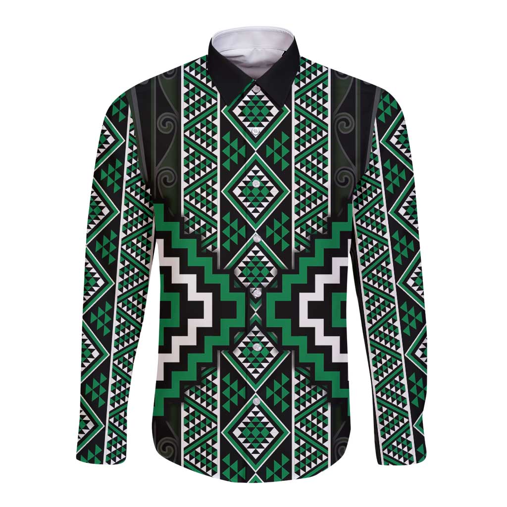 Jade Tukutuku Pattern Aotearoa Long Sleeve Button Shirt Niho Taniwha and Puhoro Motifs LT7 Unisex Green - Polynesian Pride