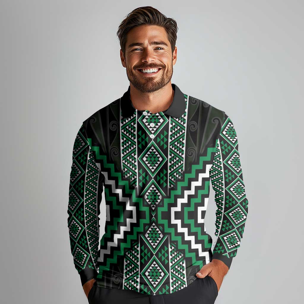 Jade Tukutuku Pattern Aotearoa Long Sleeve Polo Shirt Niho Taniwha and Puhoro Motifs