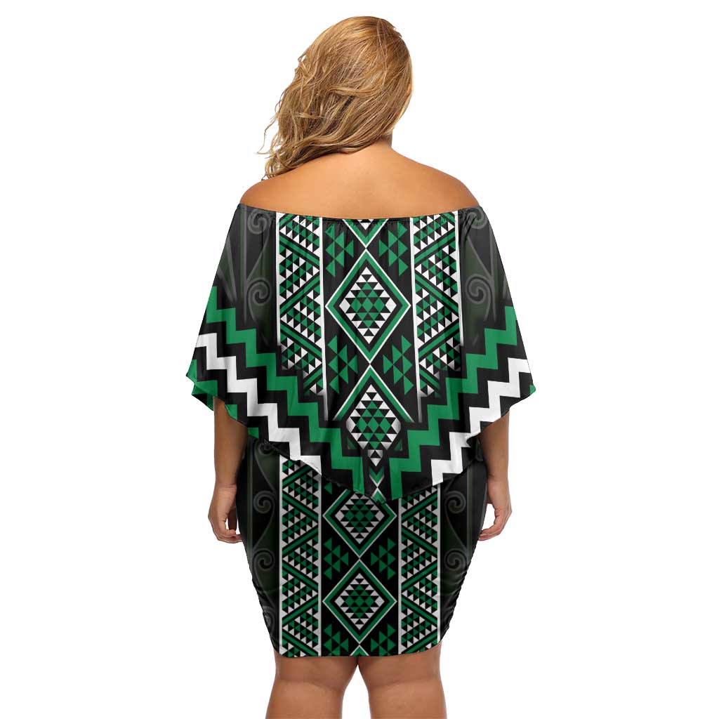 Jade Tukutuku Pattern Aotearoa Off Shoulder Short Dress Niho Taniwha and Puhoro Motifs LT7 - Polynesian Pride