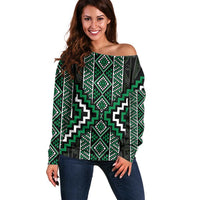 Jade Tukutuku Pattern Aotearoa Off Shoulder Sweater Niho Taniwha and Puhoro Motifs