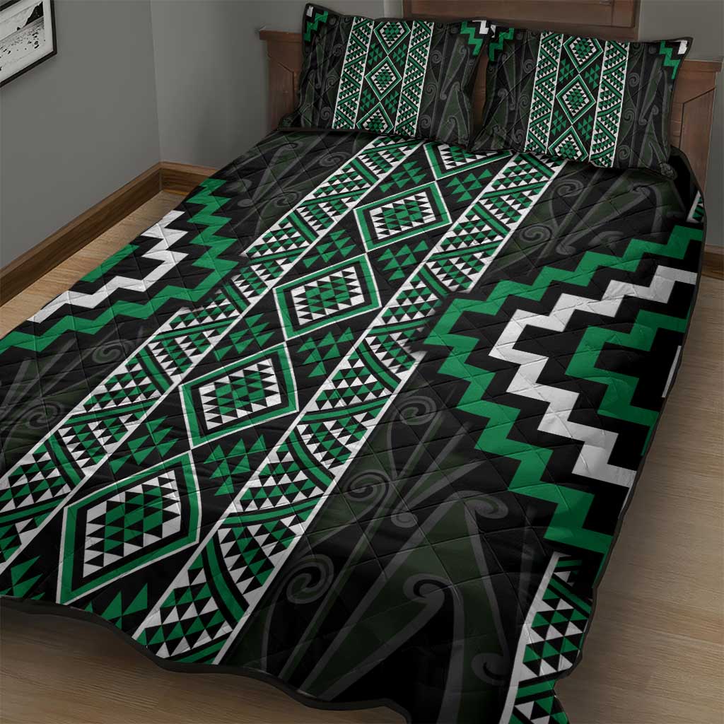 Jade Tukutuku Pattern Aotearoa Quilt Bed Set Niho Taniwha and Puhoro Motifs