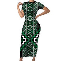 Jade Tukutuku Pattern Aotearoa Short Sleeve Bodycon Dress Niho Taniwha and Puhoro Motifs