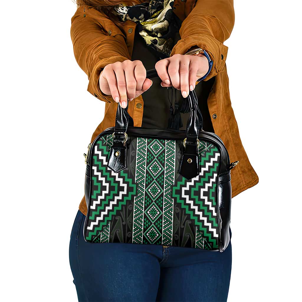 Jade Tukutuku Pattern Aotearoa Shoulder Handbag Niho Taniwha and Puhoro Motifs LT7 One Size Green - Polynesian Pride