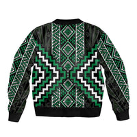 Jade Tukutuku Pattern Aotearoa Sleeve Zip Bomber Jacket Niho Taniwha and Puhoro Motifs