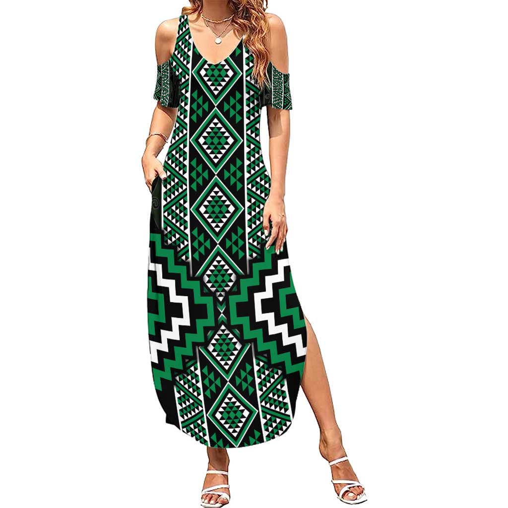 Jade Tukutuku Pattern Aotearoa Summer Maxi Dress Niho Taniwha and Puhoro Motifs LT7 Women Green - Polynesian Pride