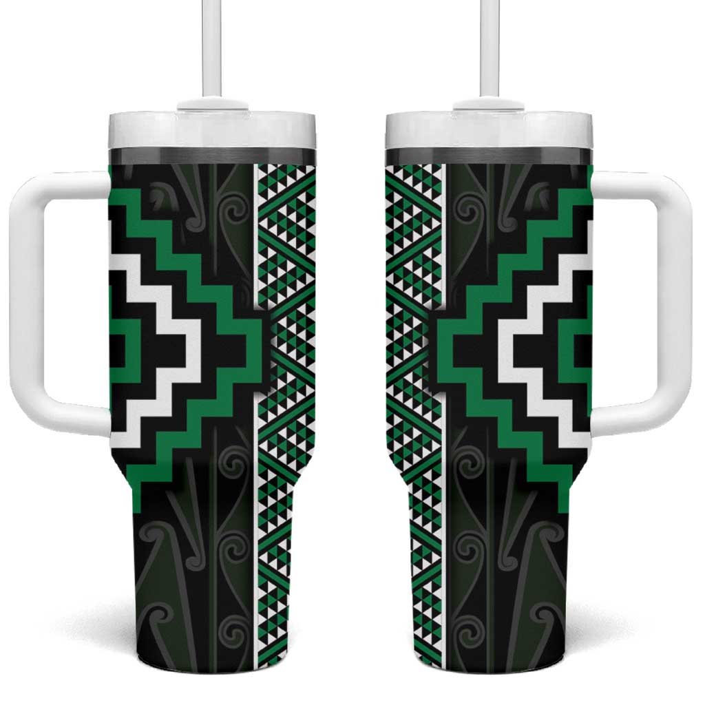 Jade Tukutuku Pattern Aotearoa Tumbler With Handle Niho Taniwha and Puhoro Motifs