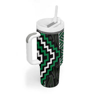 Jade Tukutuku Pattern Aotearoa Tumbler With Handle Niho Taniwha and Puhoro Motifs