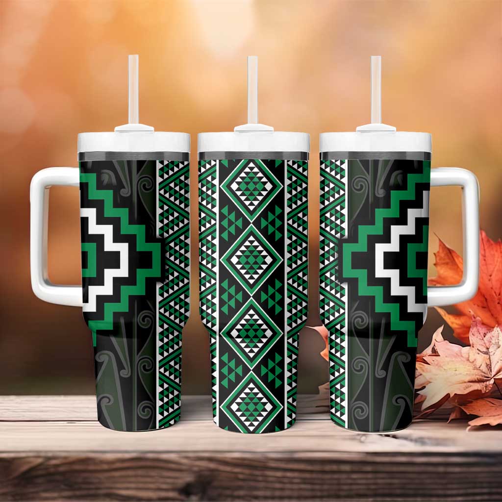 Jade Tukutuku Pattern Aotearoa Tumbler With Handle Niho Taniwha and Puhoro Motifs