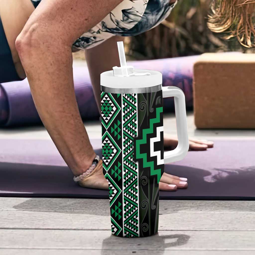 Jade Tukutuku Pattern Aotearoa Tumbler With Handle Niho Taniwha and Puhoro Motifs