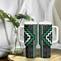 Jade Tukutuku Pattern Aotearoa Tumbler With Handle Niho Taniwha and Puhoro Motifs