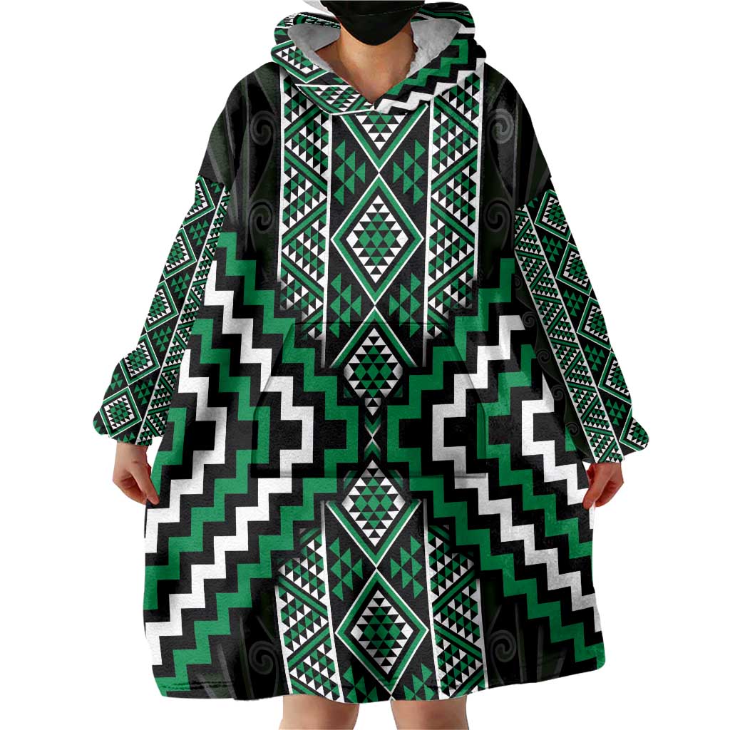 Jade Tukutuku Pattern Aotearoa Wearable Blanket Hoodie Niho Taniwha and Puhoro Motifs