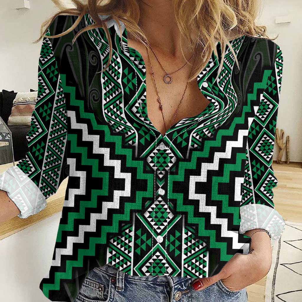 Jade Tukutuku Pattern Aotearoa Women Casual Shirt Niho Taniwha and Puhoro Motifs