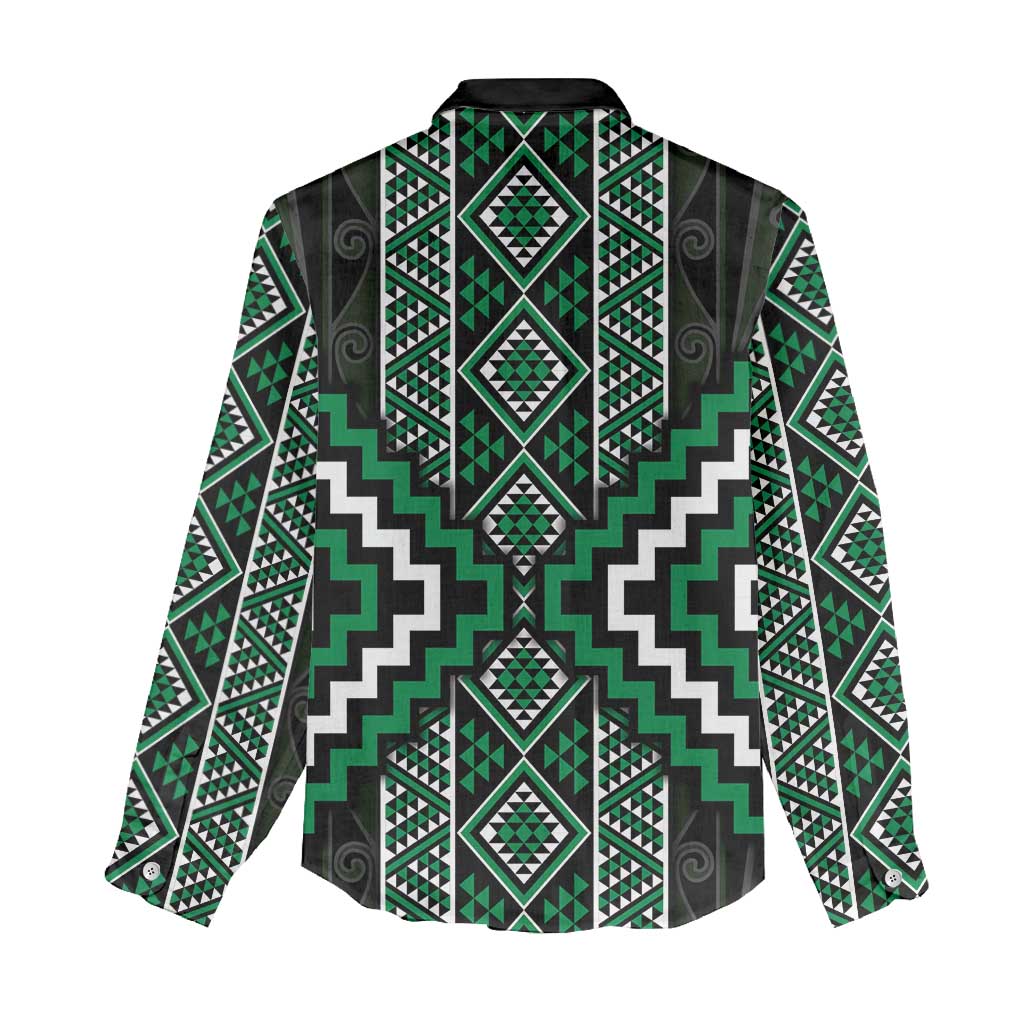 Jade Tukutuku Pattern Aotearoa Women Casual Shirt Niho Taniwha and Puhoro Motifs