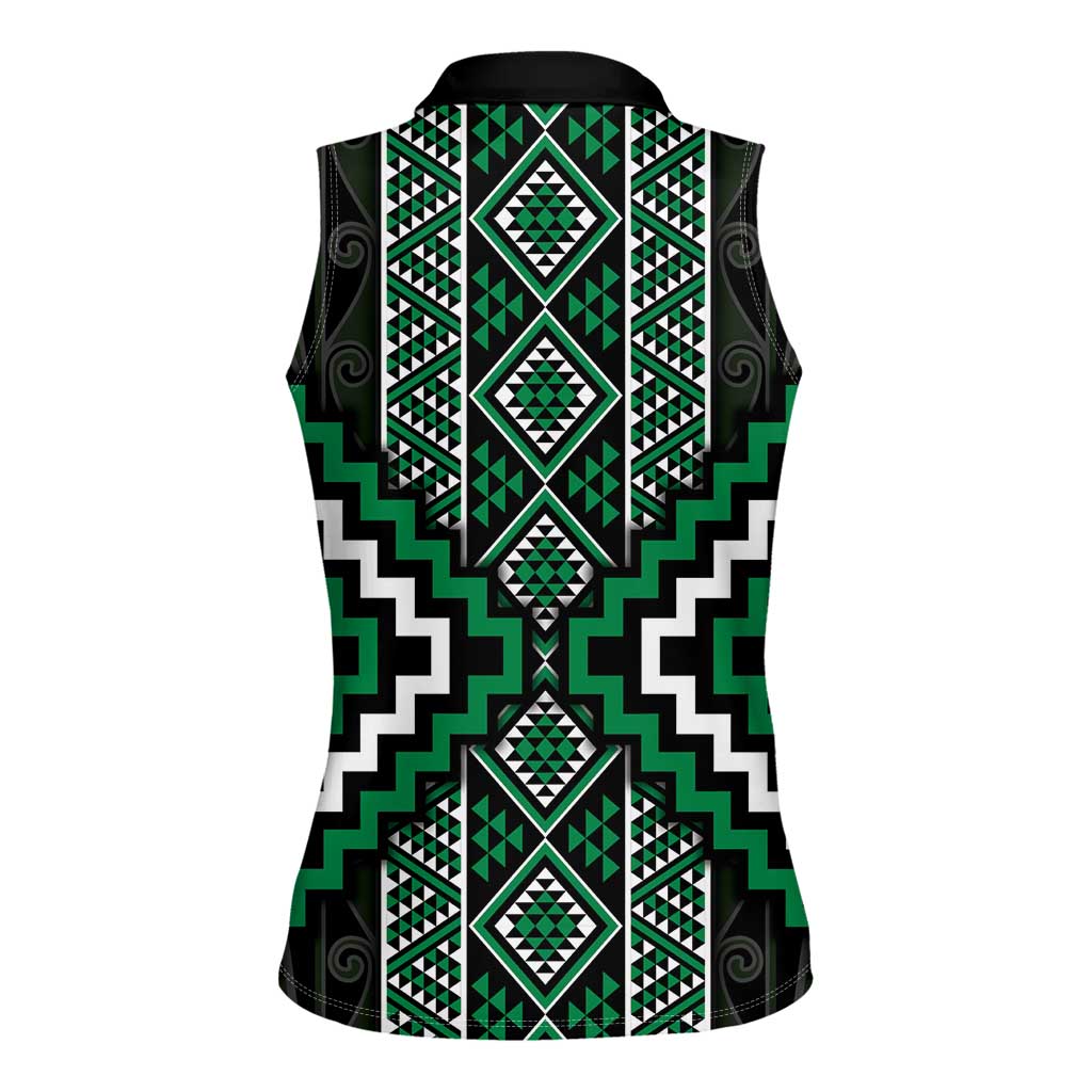 Jade Tukutuku Pattern Aotearoa Women Sleeveless Polo Shirt Niho Taniwha and Puhoro Motifs