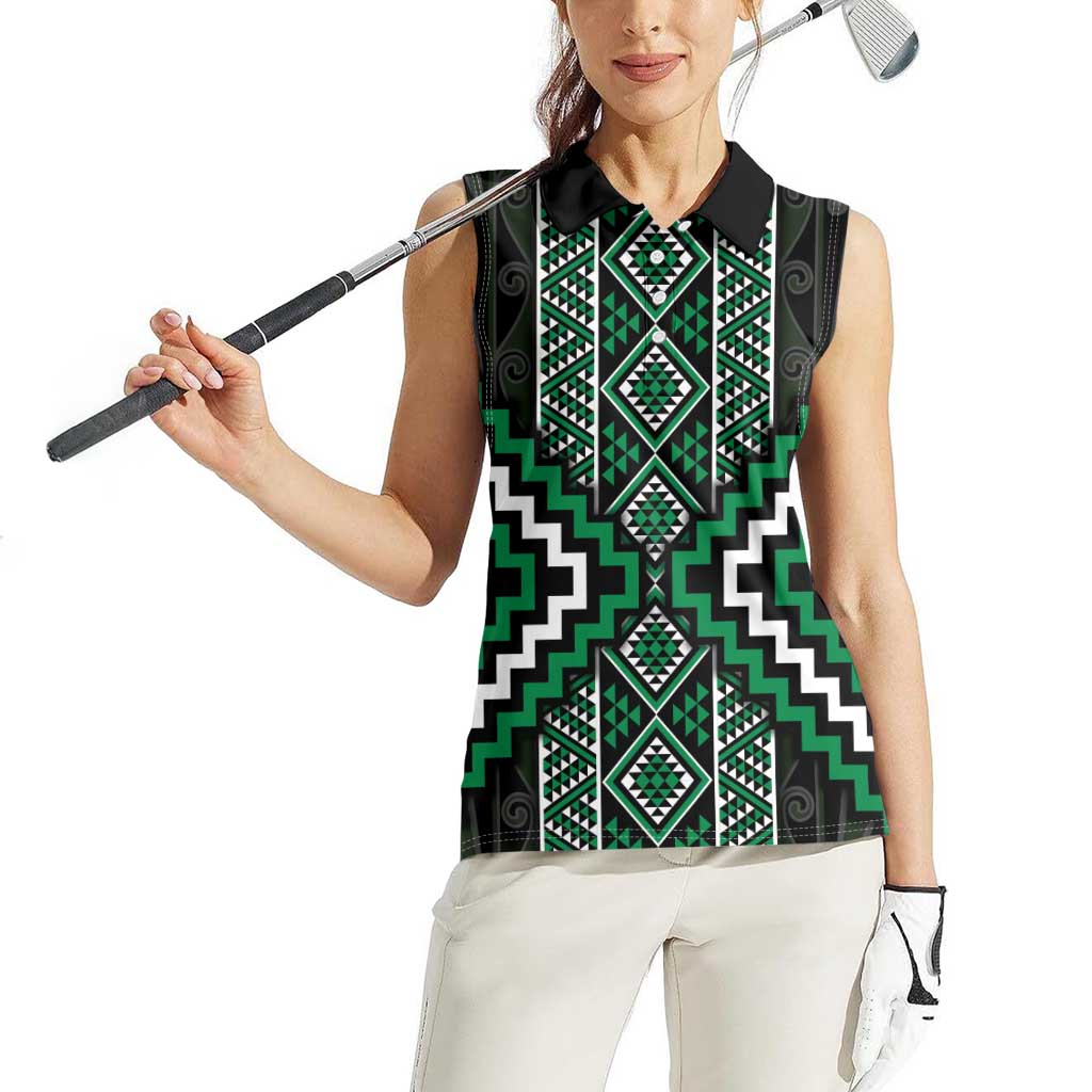 Jade Tukutuku Pattern Aotearoa Women Sleeveless Polo Shirt Niho Taniwha and Puhoro Motifs