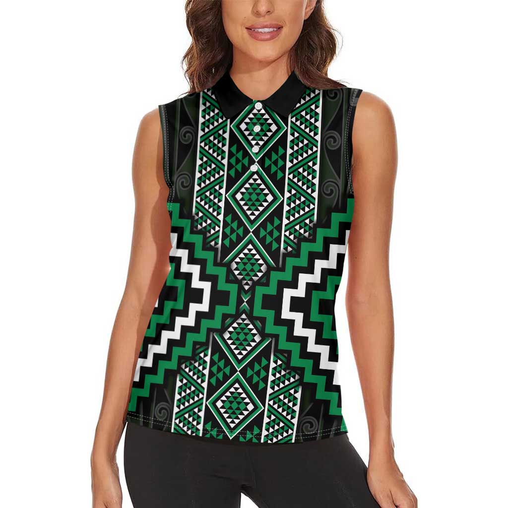 Jade Tukutuku Pattern Aotearoa Women Sleeveless Polo Shirt Niho Taniwha and Puhoro Motifs
