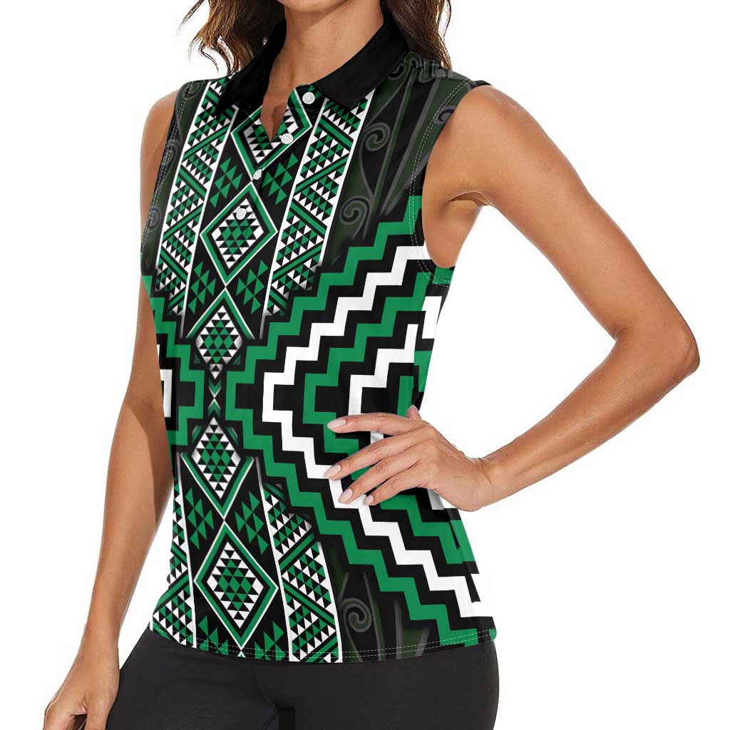 Jade Tukutuku Pattern Aotearoa Women Sleeveless Polo Shirt Niho Taniwha and Puhoro Motifs