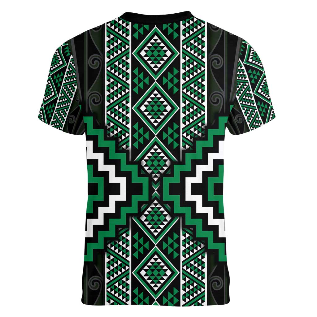 Jade Tukutuku Pattern Aotearoa Women V-Neck T-Shirt Niho Taniwha and Puhoro Motifs