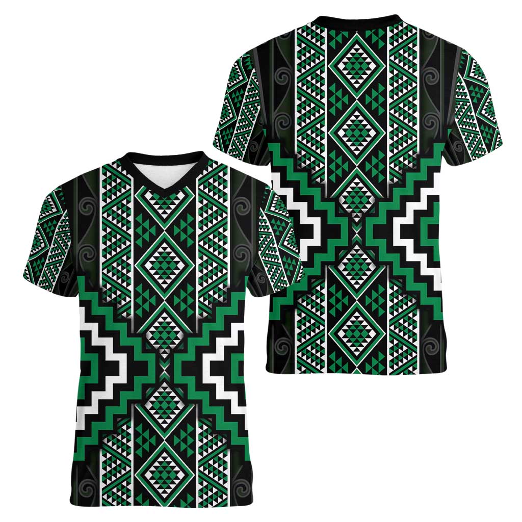 Jade Tukutuku Pattern Aotearoa Women V-Neck T-Shirt Niho Taniwha and Puhoro Motifs