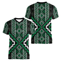 Jade Tukutuku Pattern Aotearoa Women V-Neck T-Shirt Niho Taniwha and Puhoro Motifs