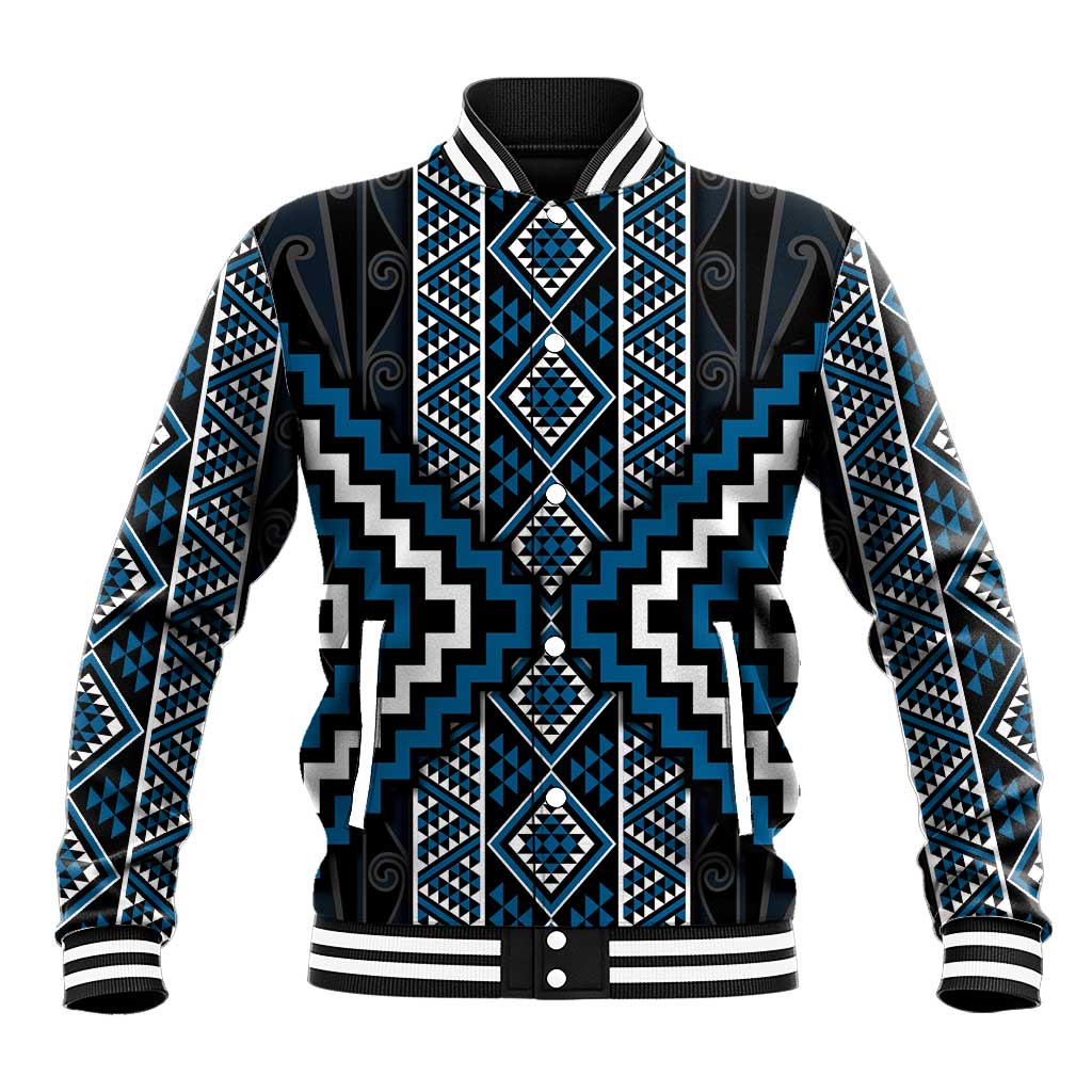 Azure Tukutuku Pattern Aotearoa Baseball Jacket Niho Taniwha and Puhoro Motifs LT7 Unisex Blue - Polynesian Pride
