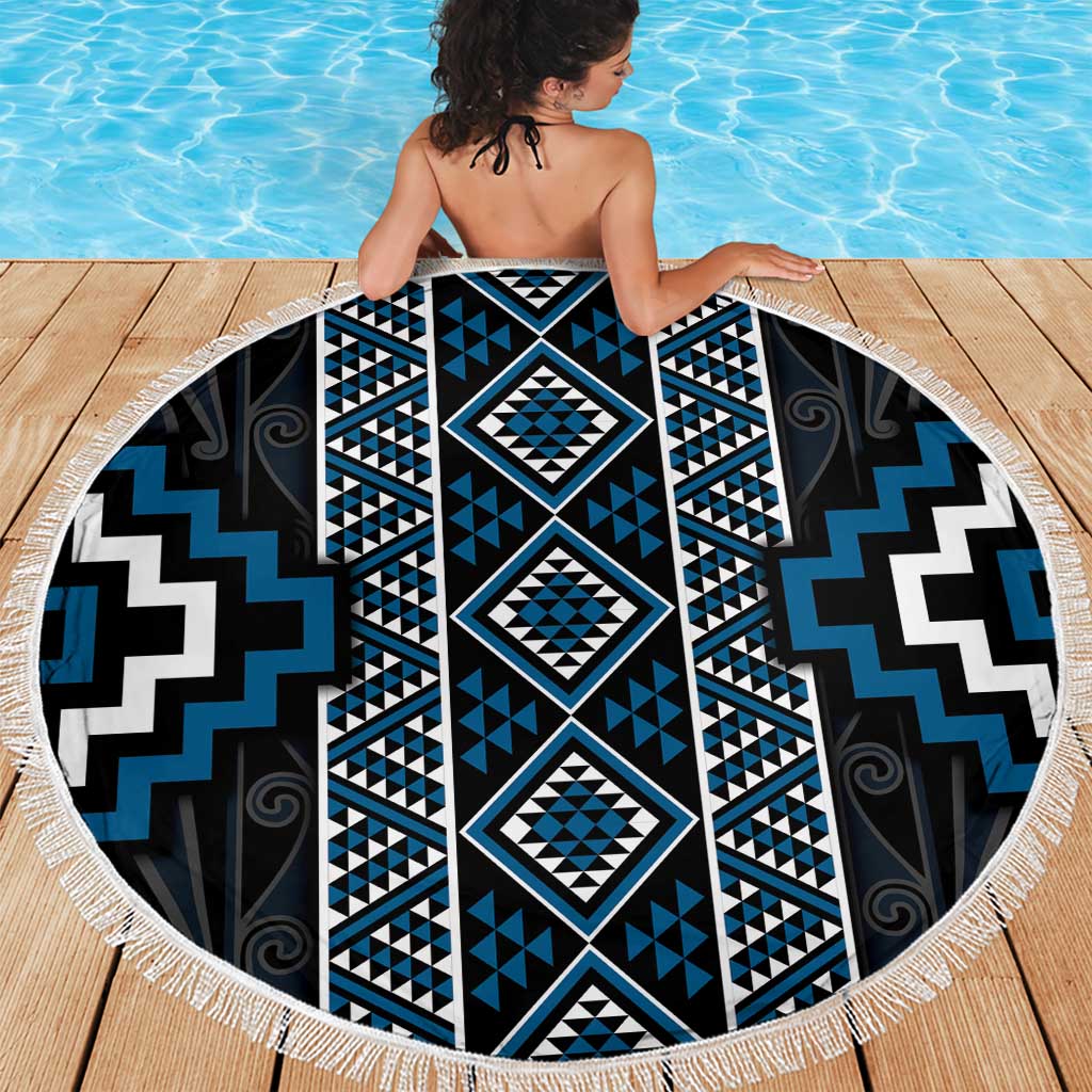 Azure Tukutuku Pattern Aotearoa Beach Blanket Niho Taniwha and Puhoro Motifs