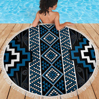 Azure Tukutuku Pattern Aotearoa Beach Blanket Niho Taniwha and Puhoro Motifs