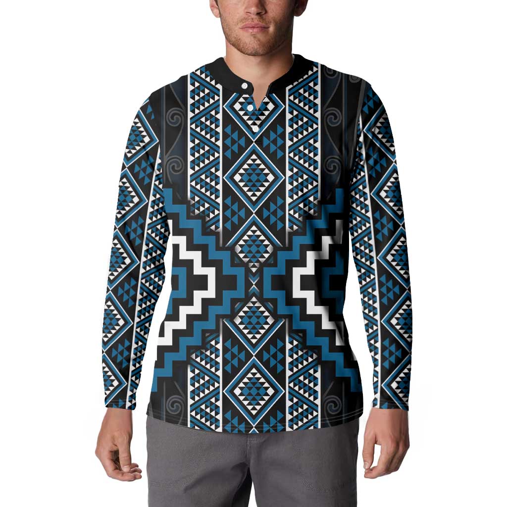 Azure Tukutuku Pattern Aotearoa Button Sweatshirt Niho Taniwha and Puhoro Motifs LT7 - Polynesian Pride