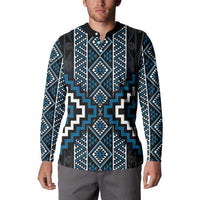 Azure Tukutuku Pattern Aotearoa Button Sweatshirt Niho Taniwha and Puhoro Motifs LT7 - Polynesian Pride