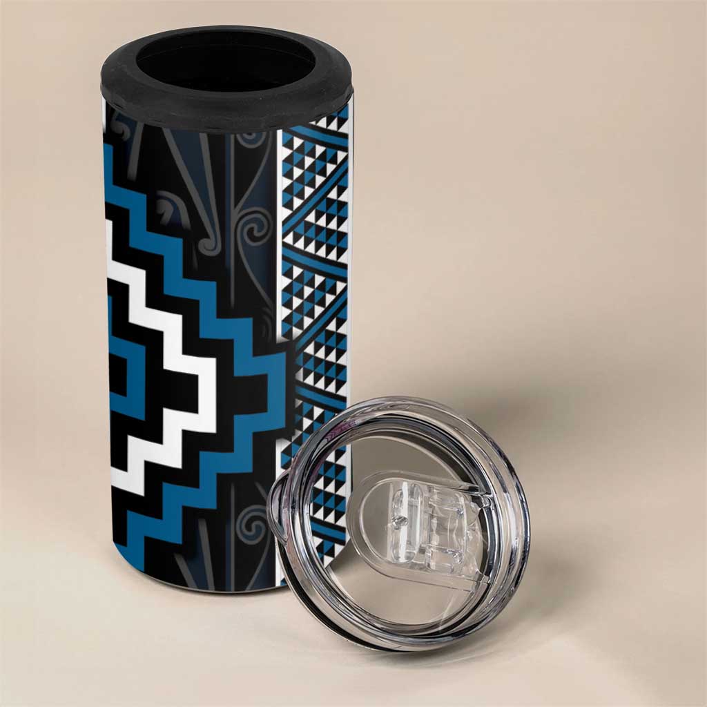 Azure Tukutuku Pattern Aotearoa 4 in 1 Can Cooler Tumbler Niho Taniwha and Puhoro Motifs