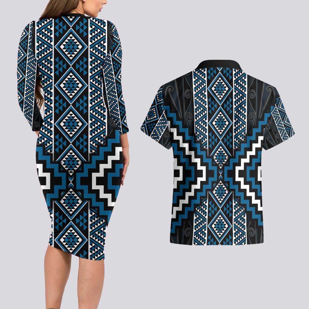 Azure Tukutuku Pattern Aotearoa Couples Matching Long Sleeve Bodycon Dress and Hawaiian Shirt Niho Taniwha and Puhoro Motifs