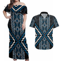 Azure Tukutuku Pattern Aotearoa Couples Matching Off Shoulder Maxi Dress and Hawaiian Shirt Niho Taniwha and Puhoro Motifs