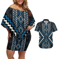 Azure Tukutuku Pattern Aotearoa Couples Matching Off Shoulder Short Dress and Hawaiian Shirt Niho Taniwha and Puhoro Motifs