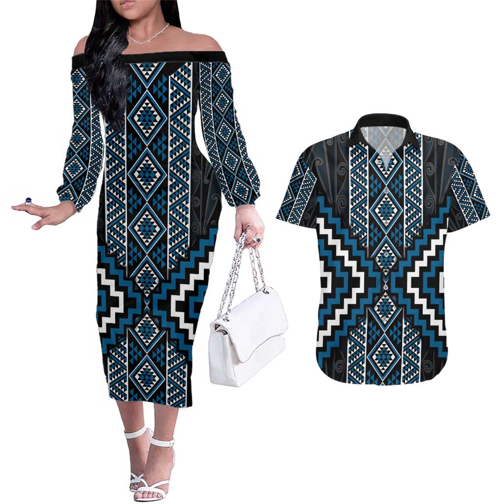 Azure Tukutuku Pattern Aotearoa Couples Matching Off The Shoulder Long Sleeve Dress and Hawaiian Shirt Niho Taniwha and Puhoro Motifs