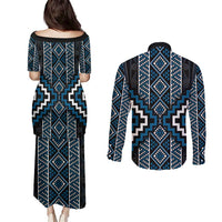 Azure Tukutuku Pattern Aotearoa Couples Matching Puletasi and Long Sleeve Button Shirt Niho Taniwha and Puhoro Motifs LT7 - Polynesian Pride