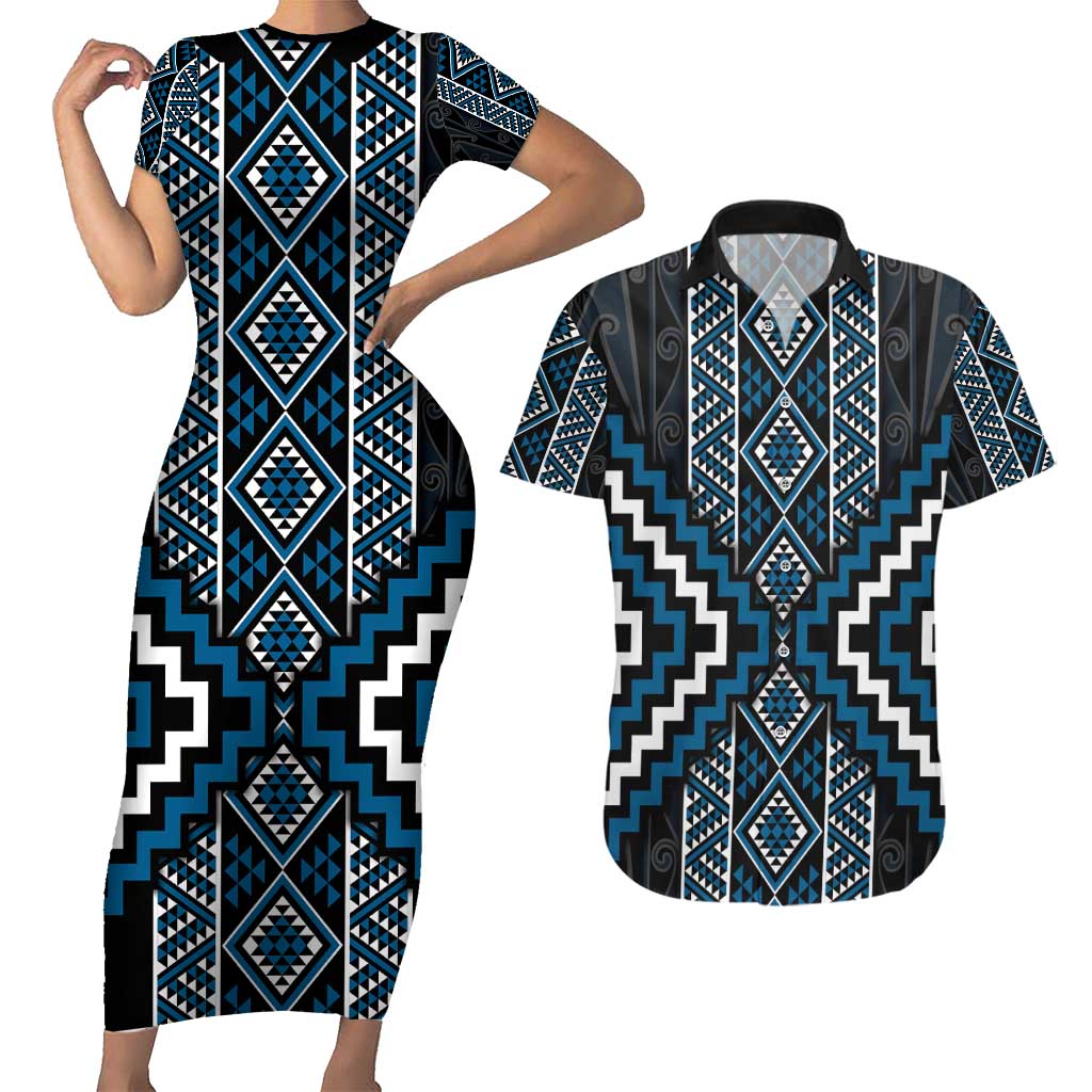 Azure Tukutuku Pattern Aotearoa Couples Matching Short Sleeve Bodycon Dress and Hawaiian Shirt Niho Taniwha and Puhoro Motifs