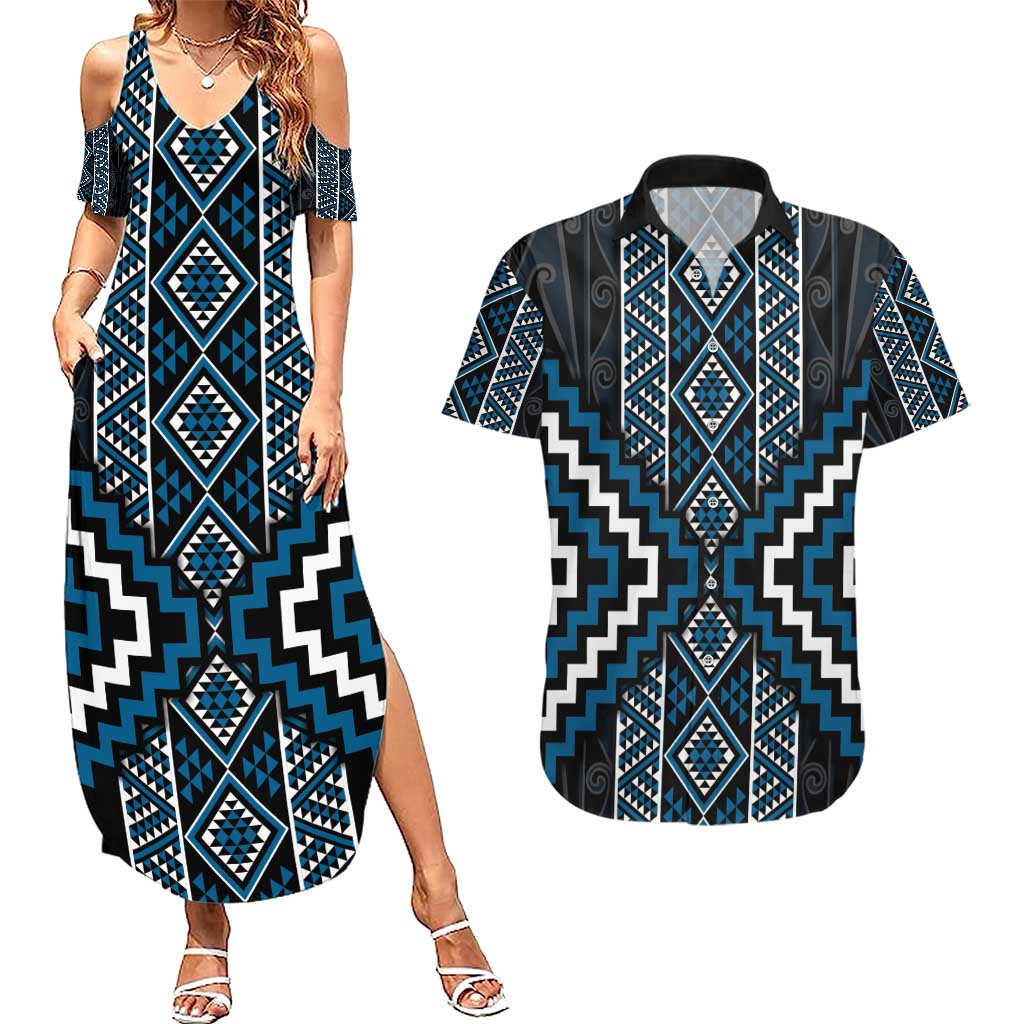 Azure Tukutuku Pattern Aotearoa Couples Matching Summer Maxi Dress and Hawaiian Shirt Niho Taniwha and Puhoro Motifs
