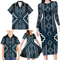 Azure Tukutuku Pattern Aotearoa Family Matching Long Sleeve Bodycon Dress and Hawaiian Shirt Niho Taniwha and Puhoro Motifs