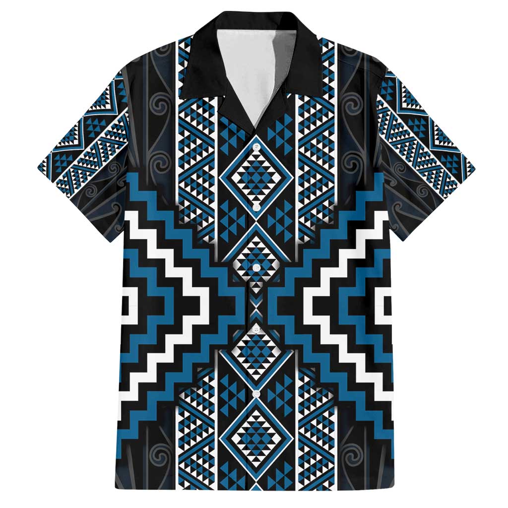 Azure Tukutuku Pattern Aotearoa Family Matching Off Shoulder Short Dress and Hawaiian Shirt Niho Taniwha and Puhoro Motifs LT7 Dad's Shirt - Short Sleeve Blue - Polynesian Pride