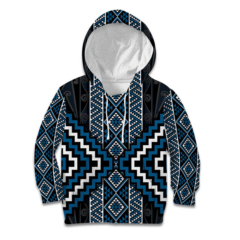 Azure Tukutuku Pattern Aotearoa Kid Hoodie Niho Taniwha and Puhoro Motifs