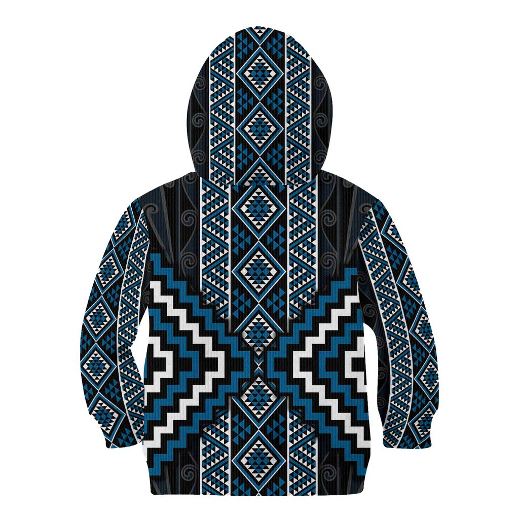 Azure Tukutuku Pattern Aotearoa Kid Hoodie Niho Taniwha and Puhoro Motifs