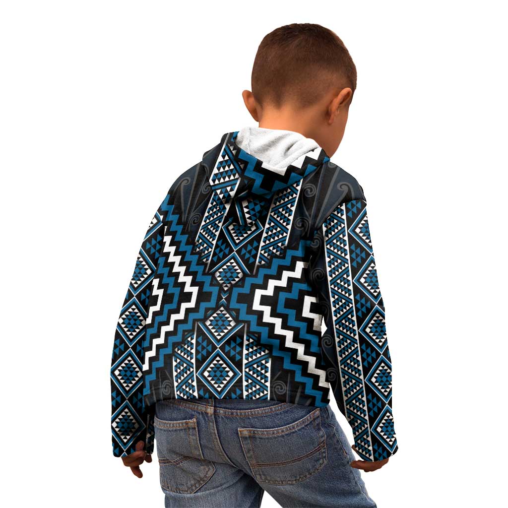 Azure Tukutuku Pattern Aotearoa Kid Hoodie Niho Taniwha and Puhoro Motifs