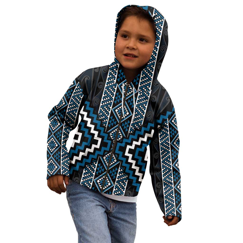 Azure Tukutuku Pattern Aotearoa Kid Hoodie Niho Taniwha and Puhoro Motifs