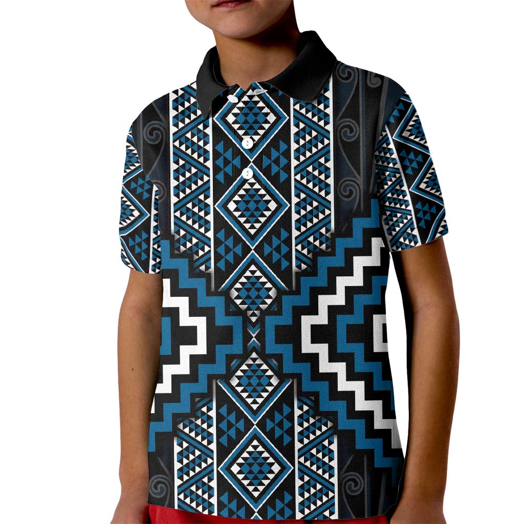 Azure Tukutuku Pattern Aotearoa Kid Polo Shirt Niho Taniwha and Puhoro Motifs LT7 Kid Blue - Polynesian Pride